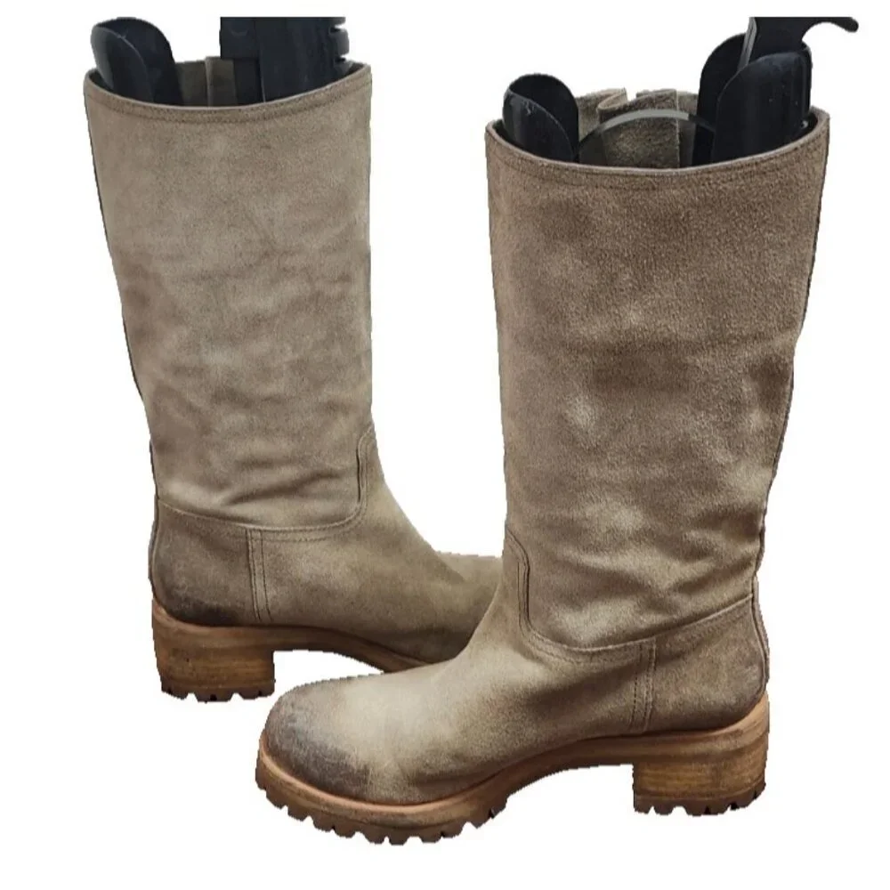 Prada Suede Mid Calf Moto Boots 37.5 Beige Taupe Leather Lined Lug Sole Side Zip - Picture 9 of 15